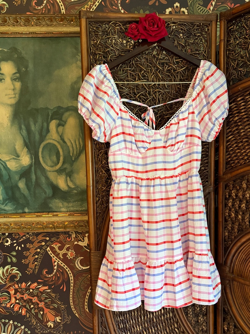 Buddy Love Plaid Puff Sleeve Dorothy Mini Dress XS Cottagecore Coastal Preppy